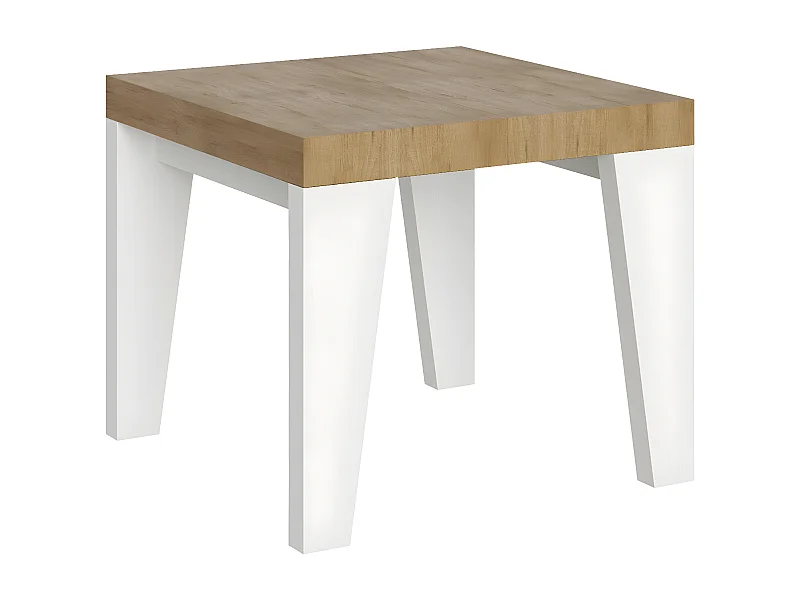 Mesa extensible cuadrada pequeña en madera blanca y roble natural de 90 a 246 cm Nako-Soporte 4 pies