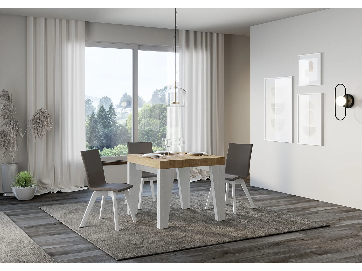 Mesa extensible cuadrada pequeña en madera blanca y roble natural de 90 a 246 cm Nako-Soporte 4 pies