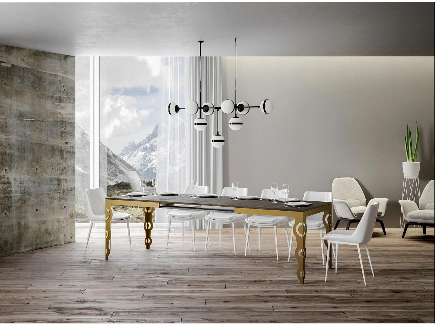 Table rectangulaire extensible orientale 6 à 20 personnes L 180 à 440cm bois foncé et cadre métal doré Kazay