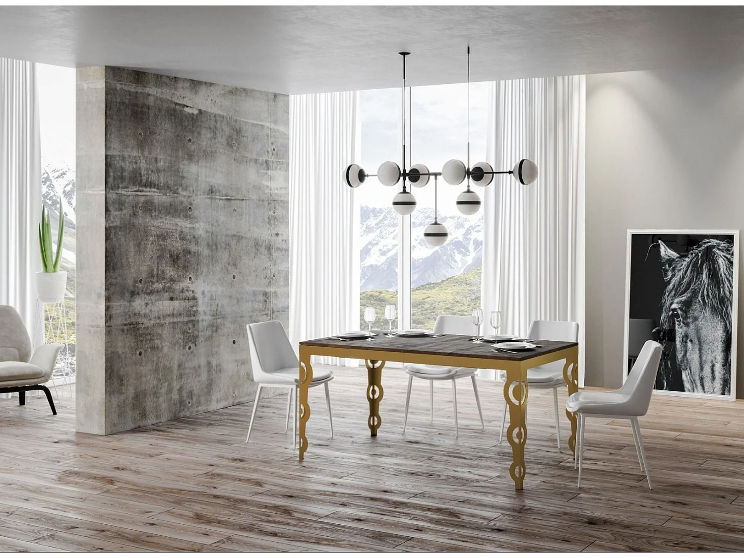 Table rectangulaire extensible orientale 6 à 20 personnes L 180 à 440cm bois foncé et cadre métal doré Kazay