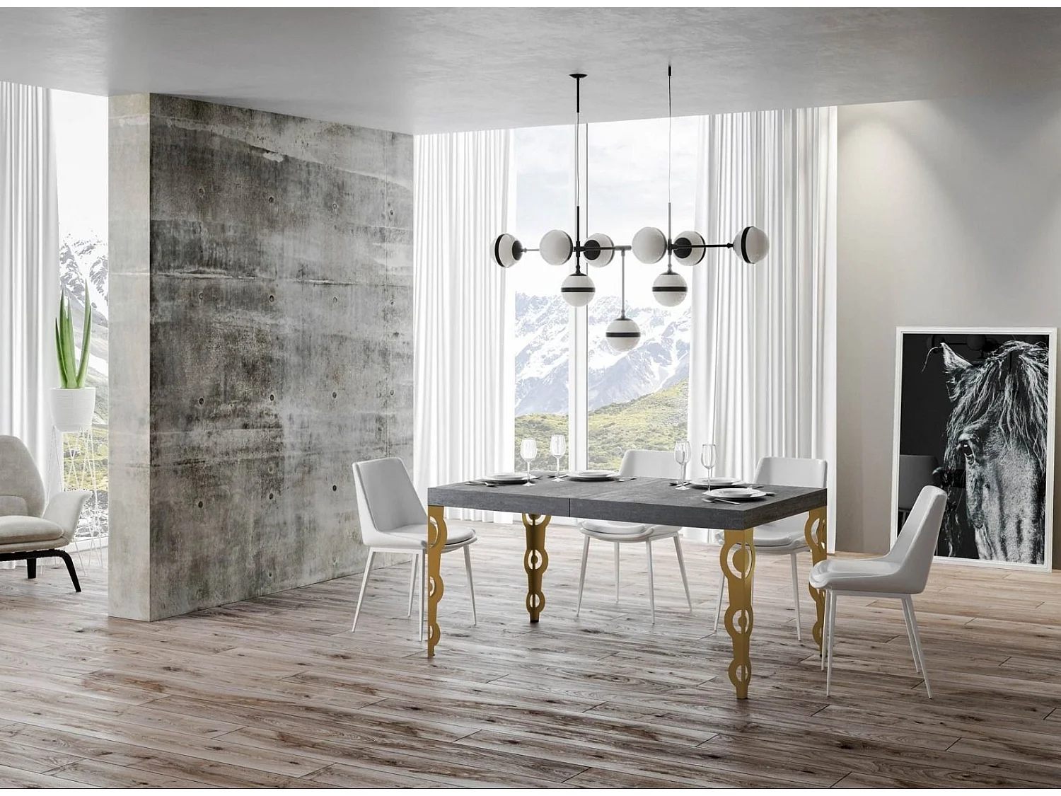 Table rectangulaire extensible orientale 6 à 14 personnes L 180 à 284cm gris béton et pieds métal doré Kazay