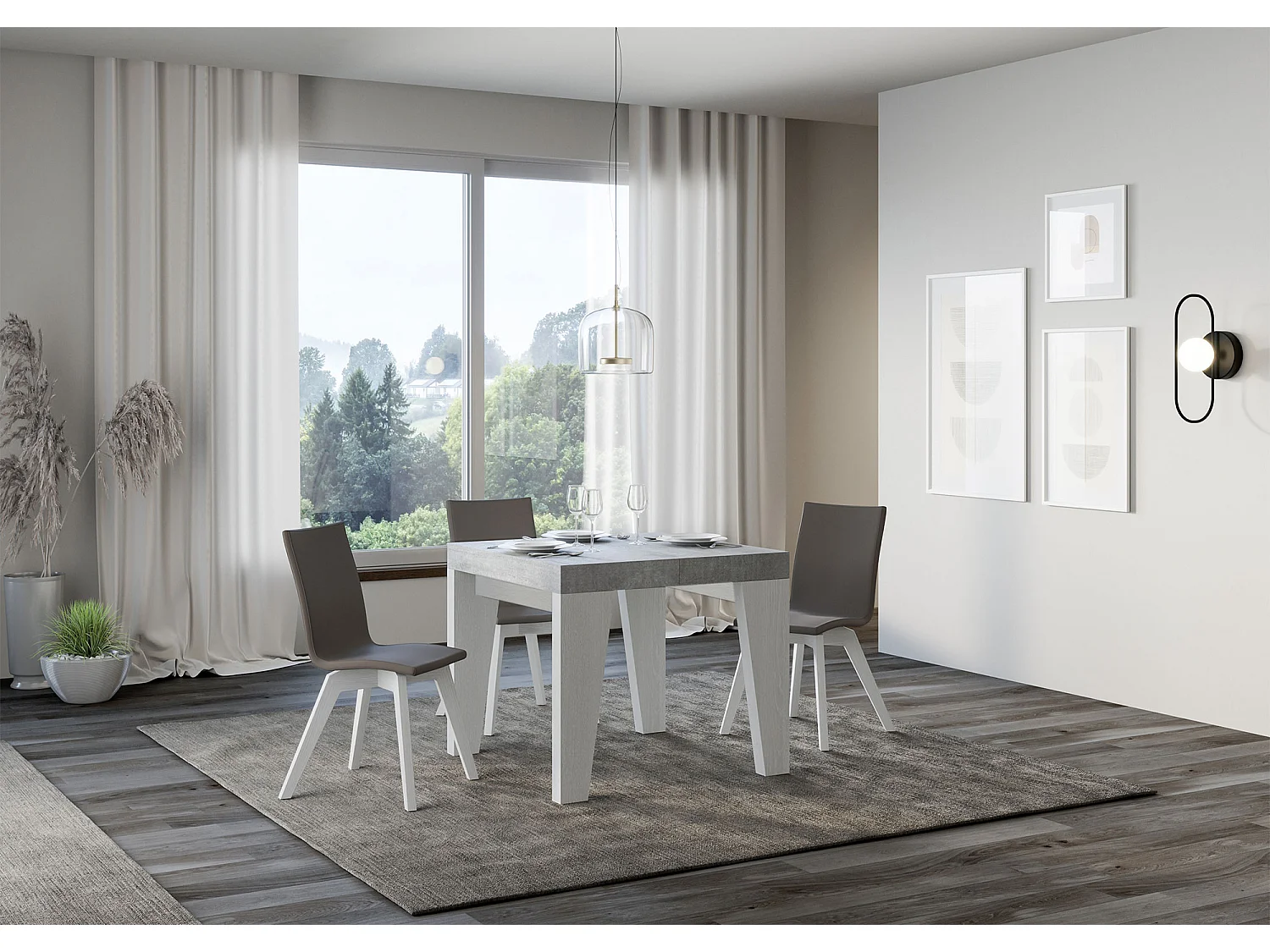 Mesa extensible cuadrada pequeña en madera blanca y gris de 90 a 246 cm Nako-Soporte 4 pies