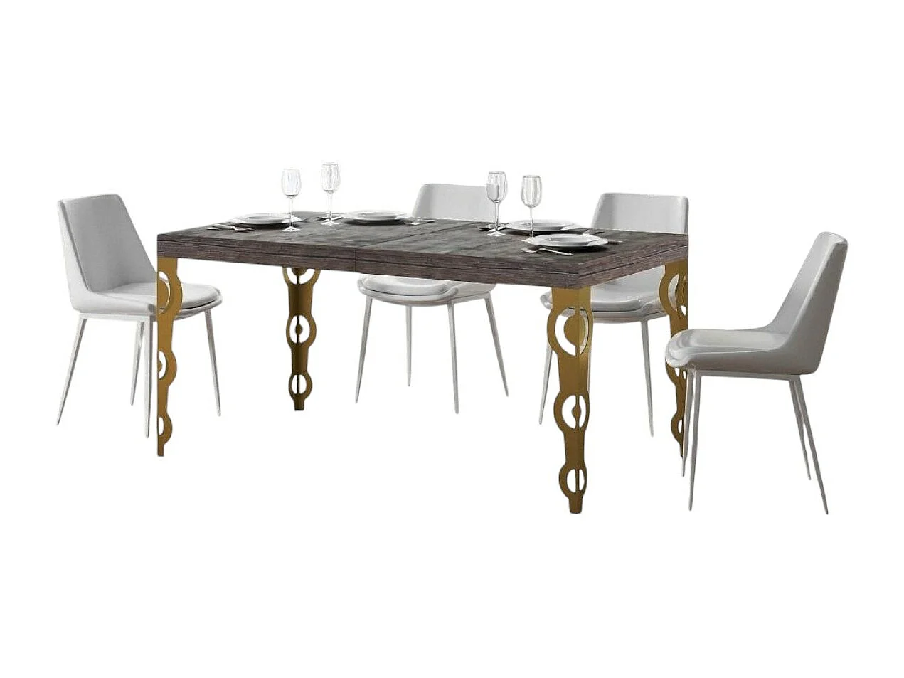 Table rectangulaire extensible orientale 6 à 14 personnes L 180 à 284cm bois foncé et pieds métal doré Kazay