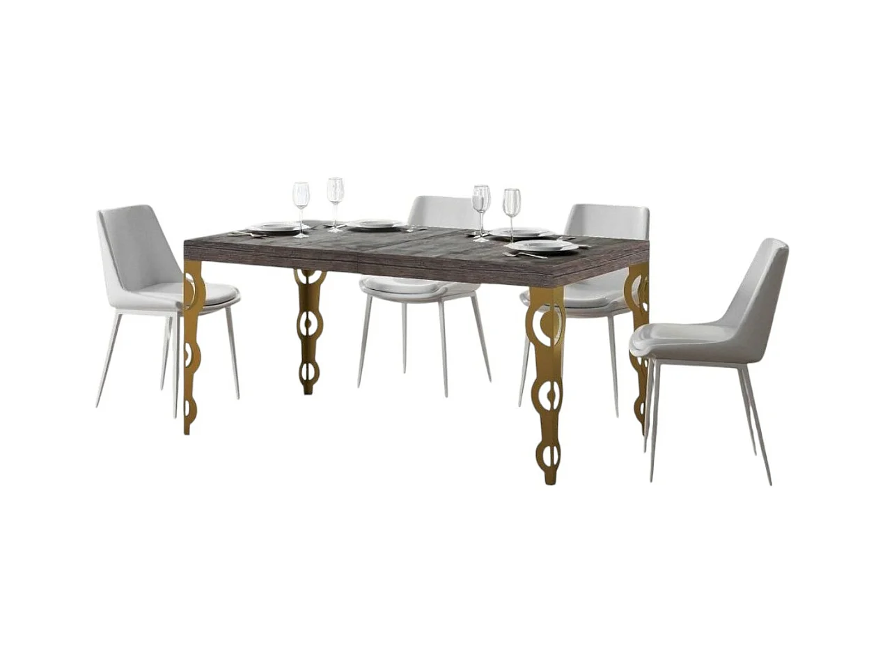 Oosterse uitschuifbare rechthoekige tafel voor 6 tot 14 personen L 180 tot 284 cm donker hout en goudkleurige metalen poten Kazay