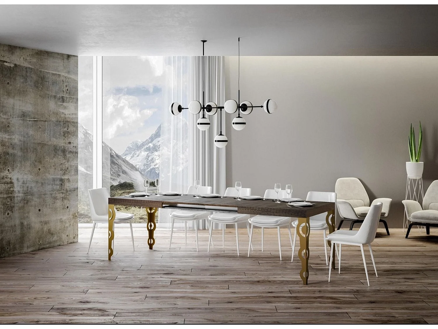 Table rectangulaire extensible orientale 6 à 14 personnes L 180 à 284cm bois foncé et pieds métal doré Kazay