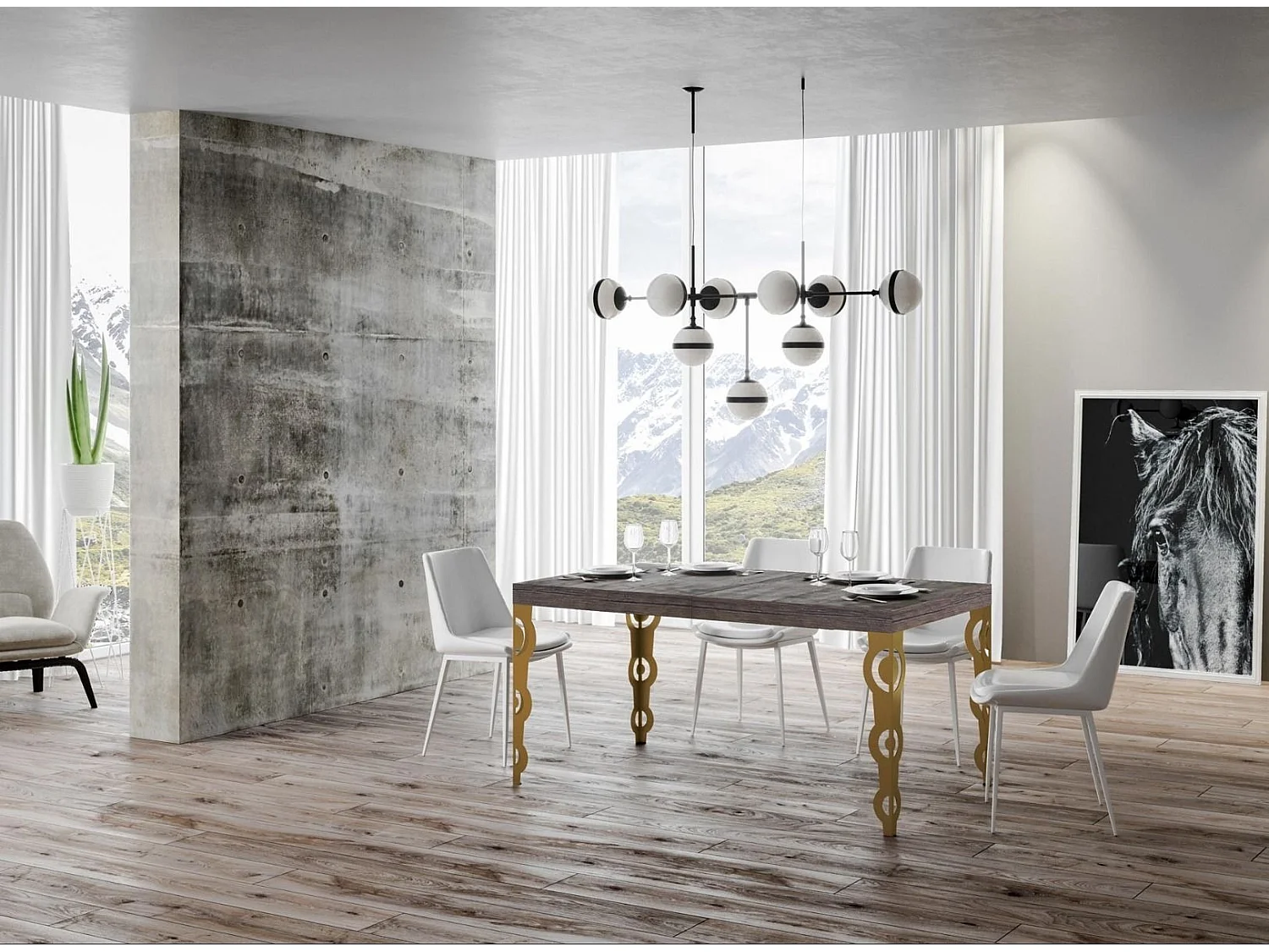 Table rectangulaire extensible orientale 6 à 14 personnes L 180 à 284cm bois foncé et pieds métal doré Kazay