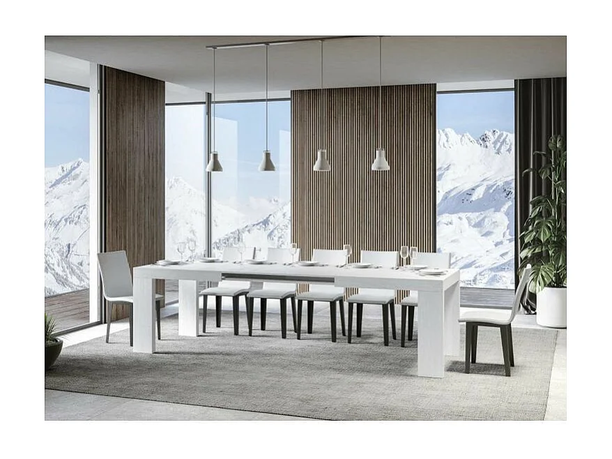 Table à manger extensible bois Ribo-Couleur Blanc-4 pieds-2 rallonges fines-180 à 284cm