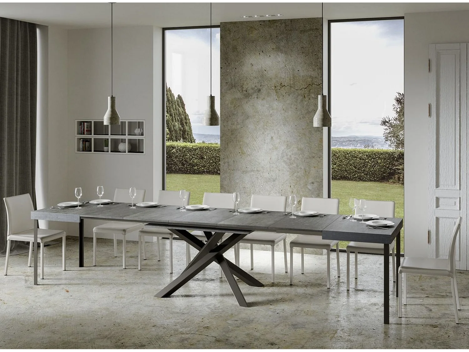 Table extensible pieds entrelacés anthracite Artemis-Couleur Gris ciment-5 rallonges fines-160 à 420cm