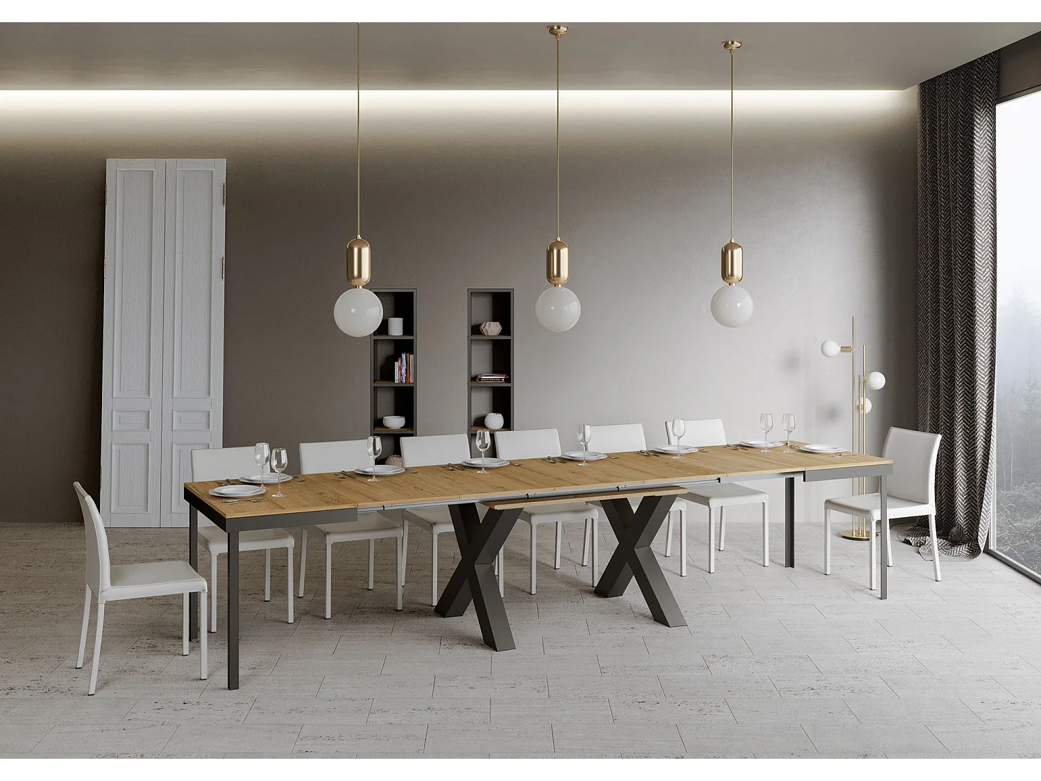 Mesa extensible de 6 a 16 plazas L120 a 380 cm madera clara y estructura de metal gris oscuro Tsara-Base y soporte con ruedas