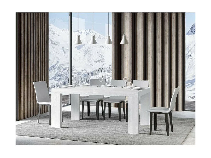 Table à manger extensible bois Ribo-Couleur Blanc-Sur roulettes-5 rallonges fines-160 à 420cm