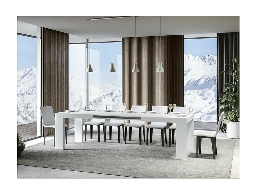 Table à manger extensible bois Ribo-Couleur Blanc-Sur roulettes-5 rallonges fines-160 à 420cm