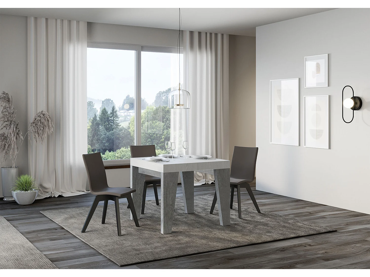 Mesa extensible cuadrada pequeña de madera blanca y gris de 90 a 246 cm Naxo-Soporte 4 pies