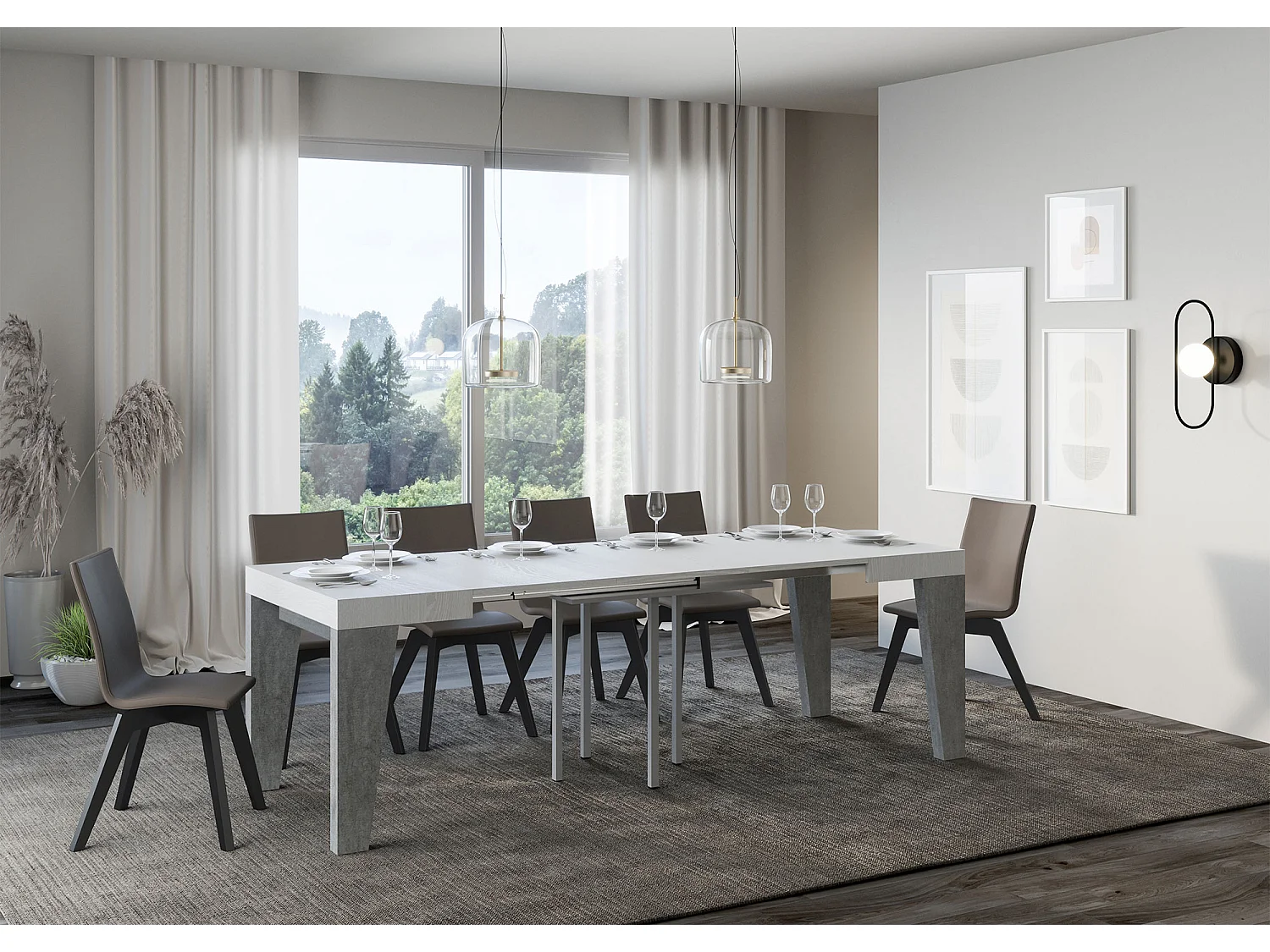 Petite table carrée extensible bois blanc et gris 90 à 246cm Naxo-4 pieds