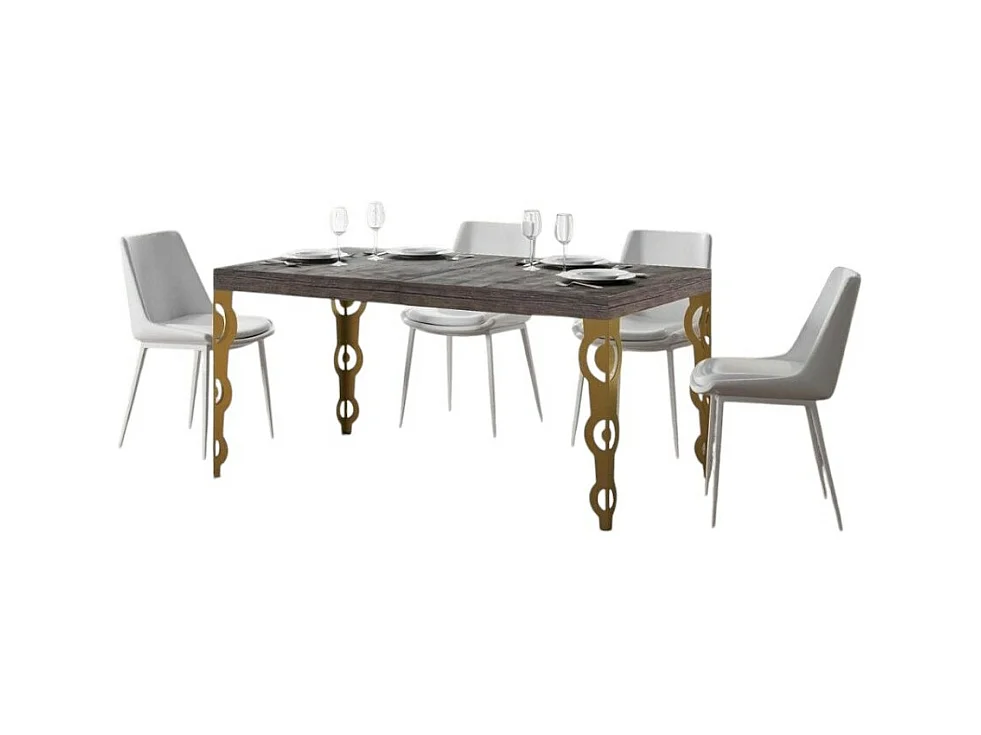 Table rectangulaire extensible orientale 6 à 18 personnes L 130 à 390cm bois foncé et pieds métal doré Kazay