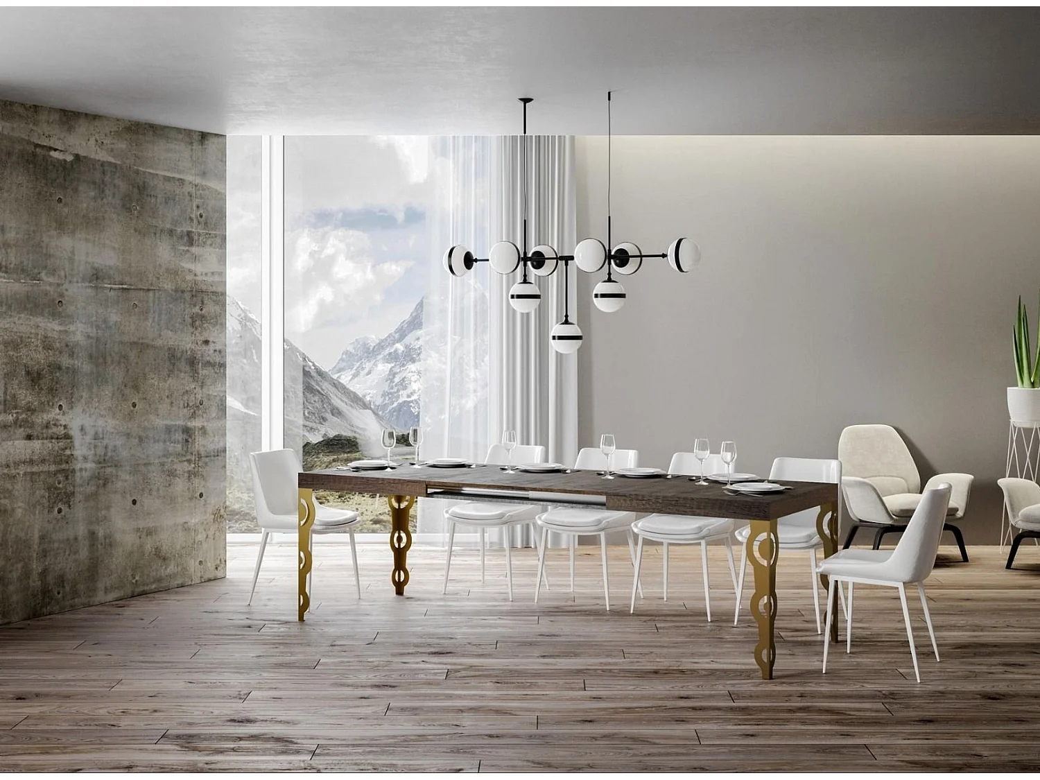 Table rectangulaire extensible orientale 6 à 18 personnes L 130 à 390cm bois foncé et pieds métal doré Kazay