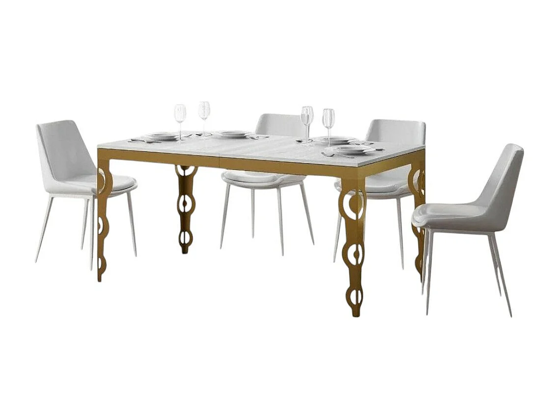 Table rectangulaire extensible orientale 6 à 20 personnes L 160 à 420cm frêne blanc et cadre métal doré Kazay