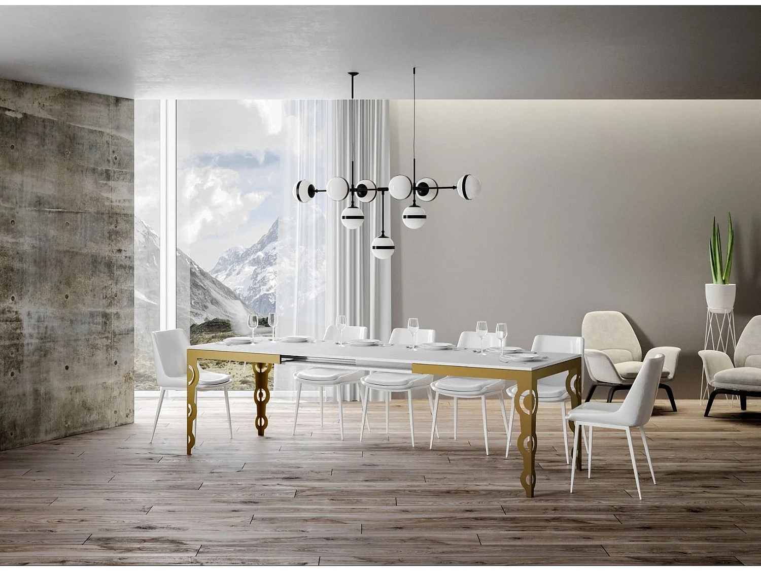 Table rectangulaire extensible orientale 6 à 20 personnes L 160 à 420cm frêne blanc et cadre métal doré Kazay