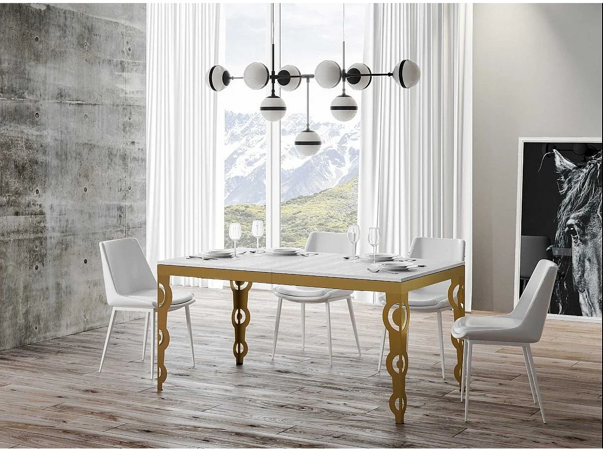 Table rectangulaire extensible orientale 6 à 20 personnes L 160 à 420cm frêne blanc et cadre métal doré Kazay