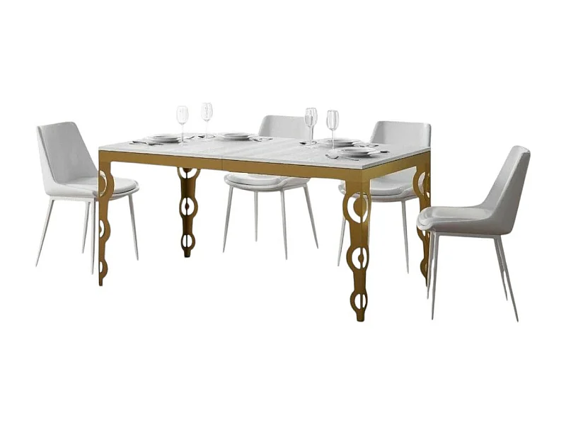 Oosterse uitschuifbare rechthoekige tafel voor 6 tot 20 personen L 160 tot 420 cm witte essen en goud metalen frame Kazay