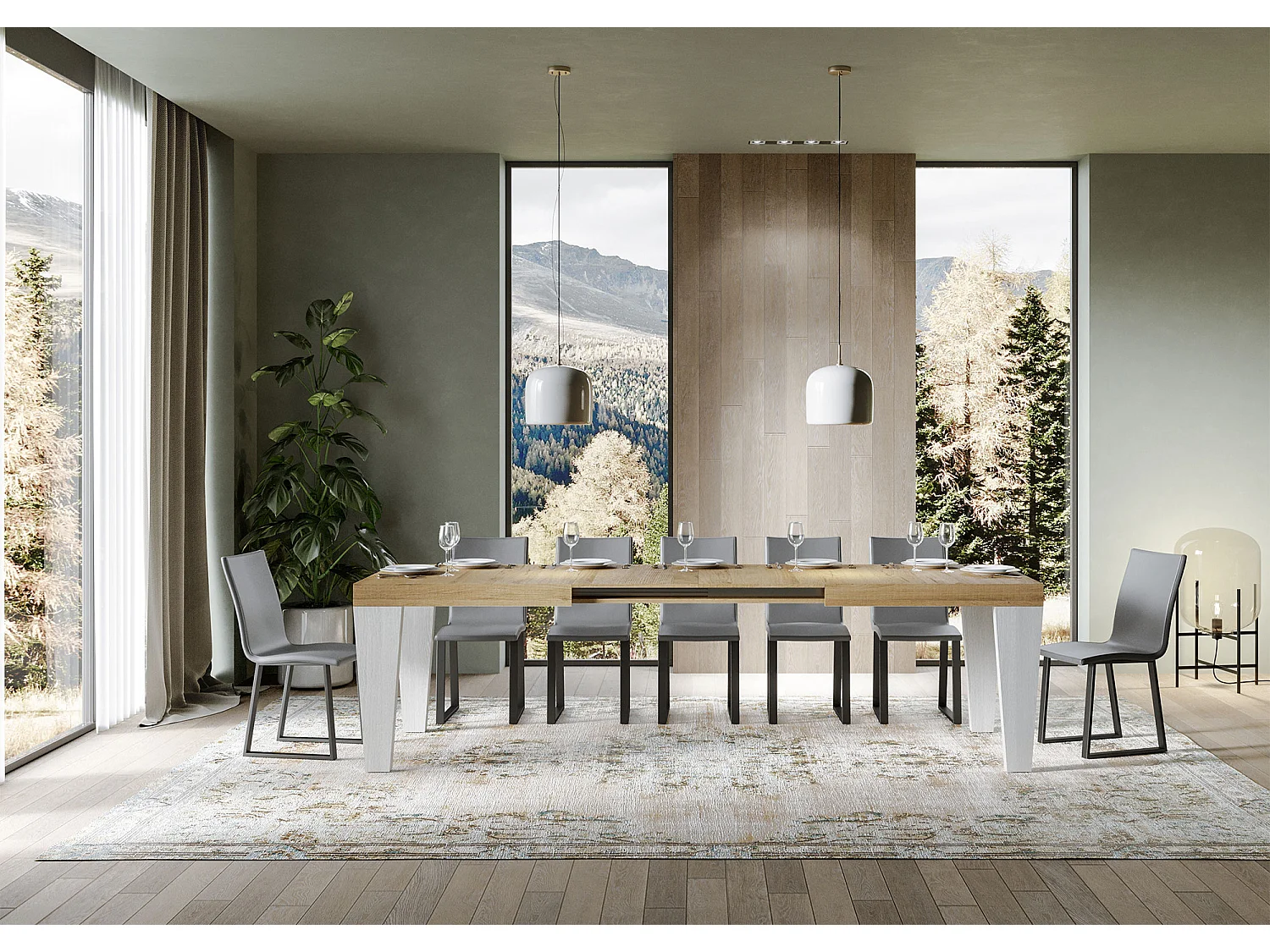 Table extensible chêne naturel et pieds bois blanc 6 à 20 places Kristo 160 à 420cm-Sur roulettes