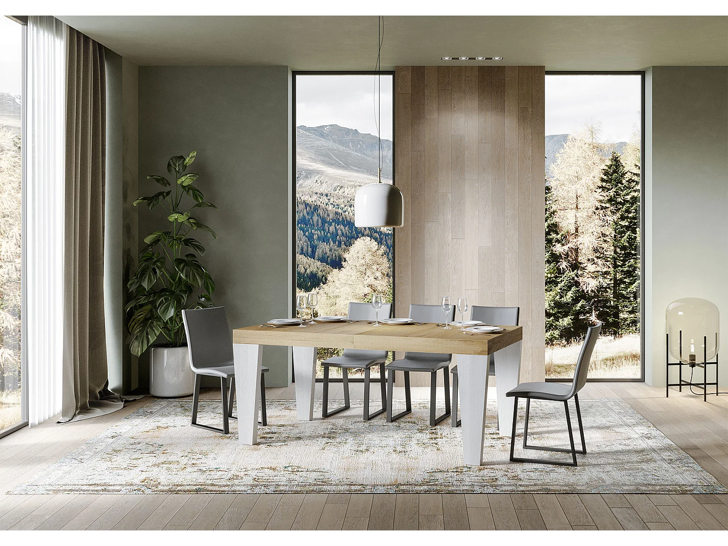 Table extensible chêne naturel et pieds bois blanc 6 à 20 places Kristo 160 à 420cm-Sur roulettes