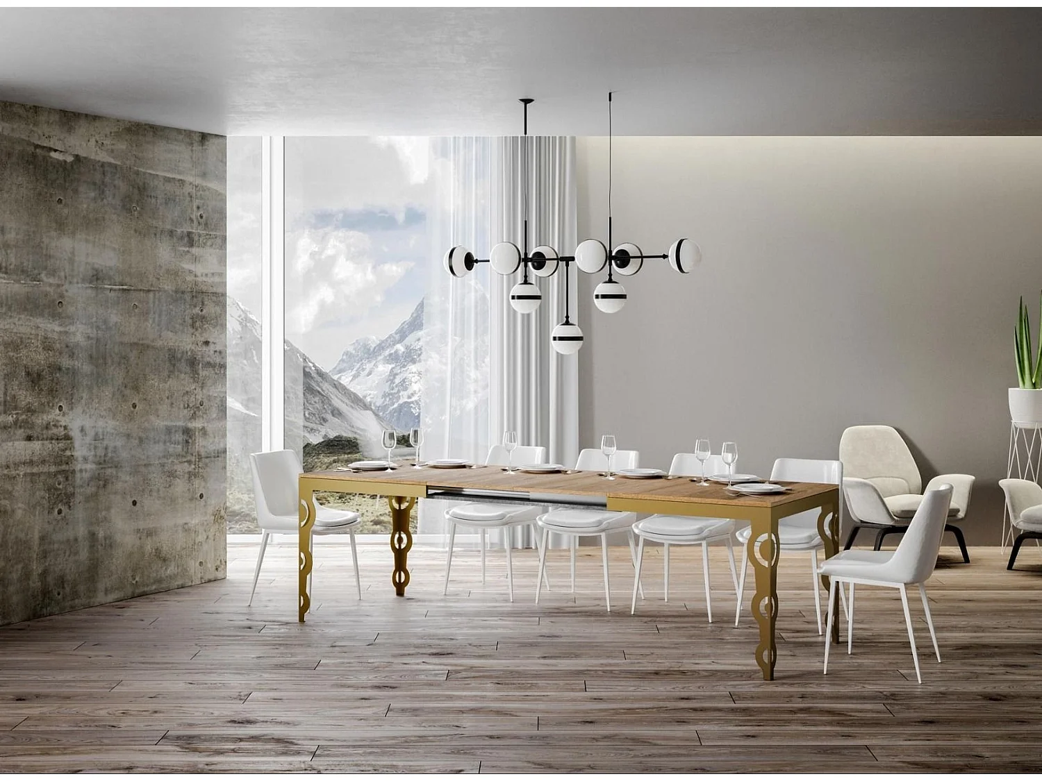 Oosterse uitschuifbare rechthoekige tafel voor 6 tot 16 personen L 120 tot 380 cm licht hout en goudkleurig metalen frame Kazay