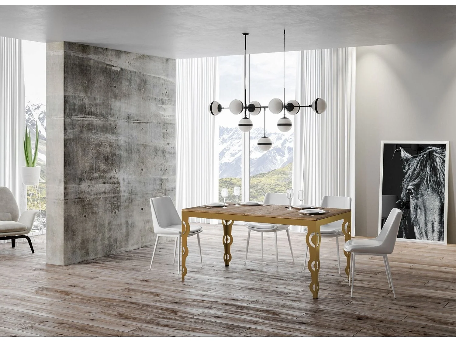 Oosterse uitschuifbare rechthoekige tafel voor 6 tot 16 personen L 120 tot 380 cm licht hout en goudkleurig metalen frame Kazay