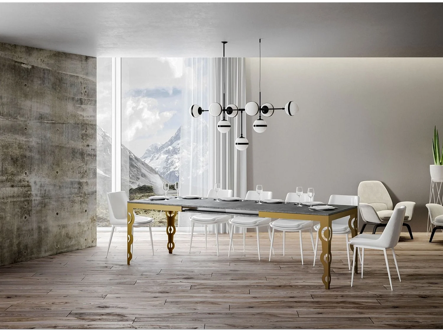 Table rectangulaire extensible orientale 6 à 10 personnes L 120 à 224cm gris béton et cadre métal doré Kazay