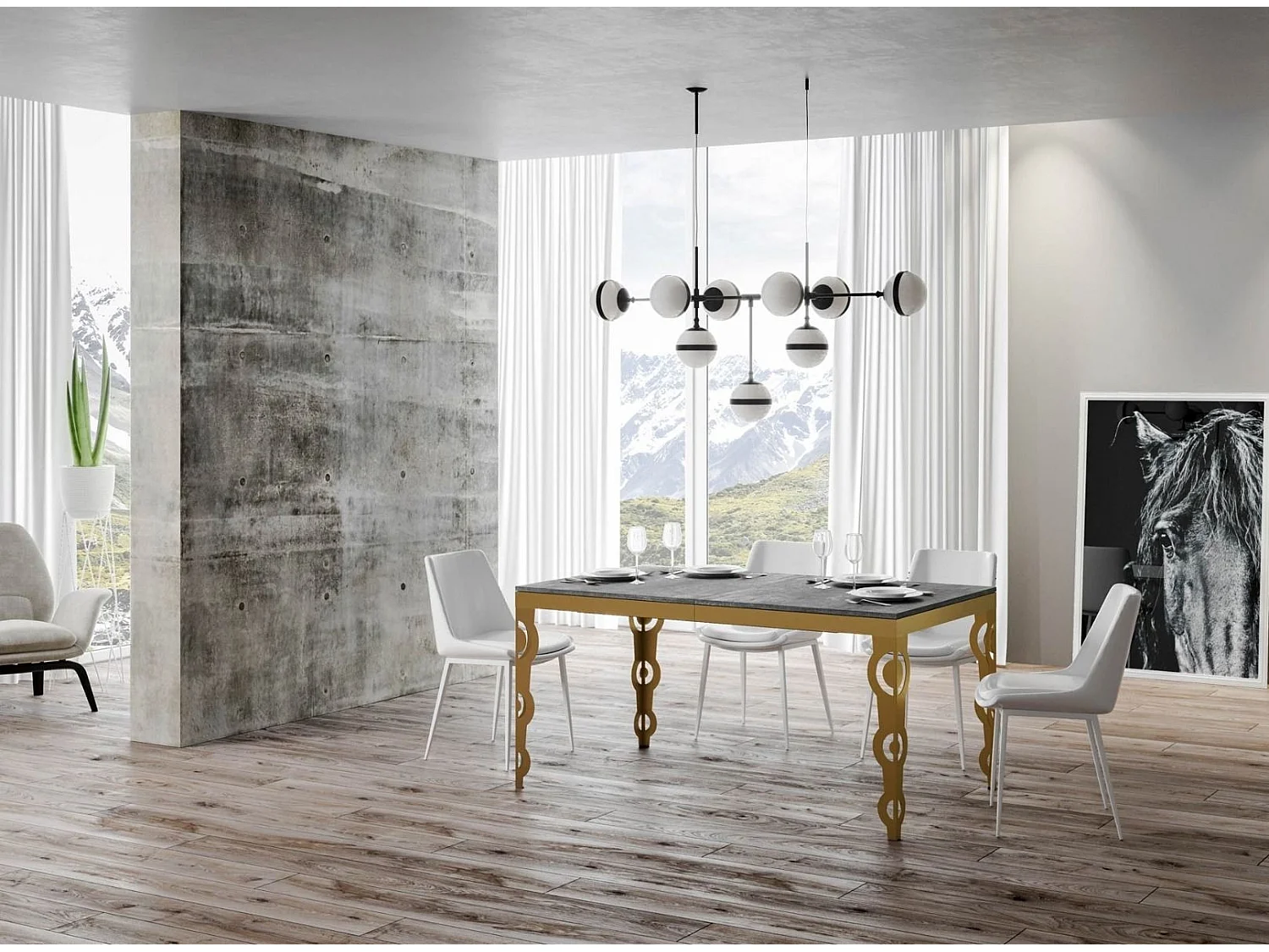 Table rectangulaire extensible orientale 6 à 10 personnes L 120 à 224cm gris béton et cadre métal doré Kazay