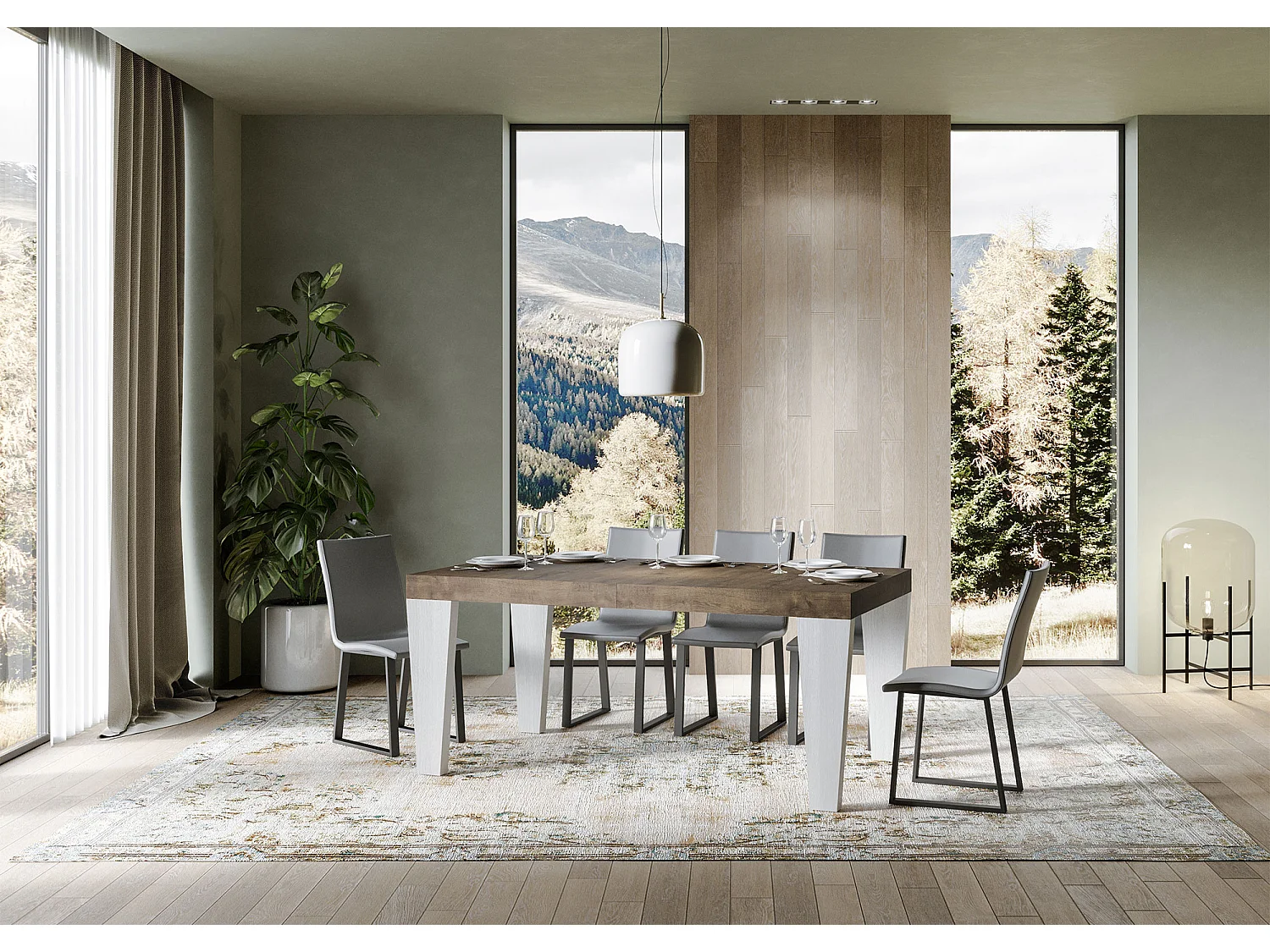 Table extensible bois noyer et pieds bois blanc 6 à 20 places Kristo 180 à 440cm-Sur roulettes