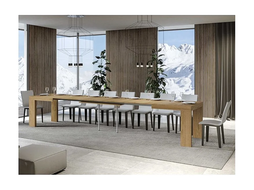 Table à manger extensible bois Ribo-Couleur Naturel-4 pieds-5 rallonges fines-160 à 420cm