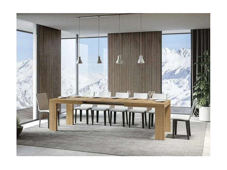 Table à manger extensible bois Ribo-Couleur Naturel-4 pieds-5 rallonges fines-160 à 420cm