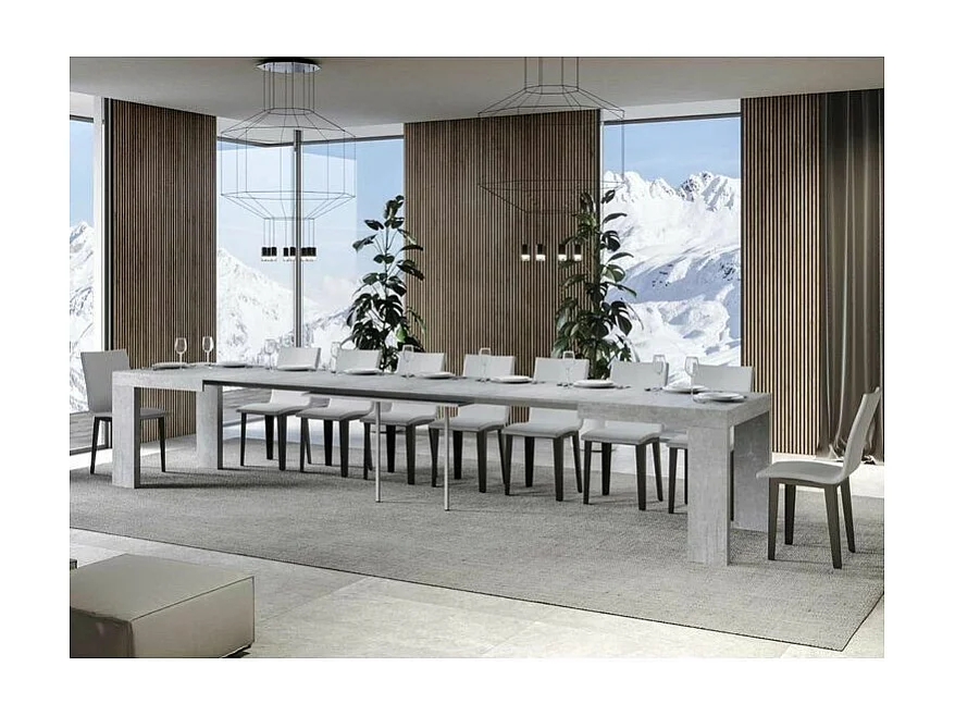 Table à manger extensible bois Ribo-Couleur Gris ciment-4 pieds-5 rallonges fines-180 à 440cm