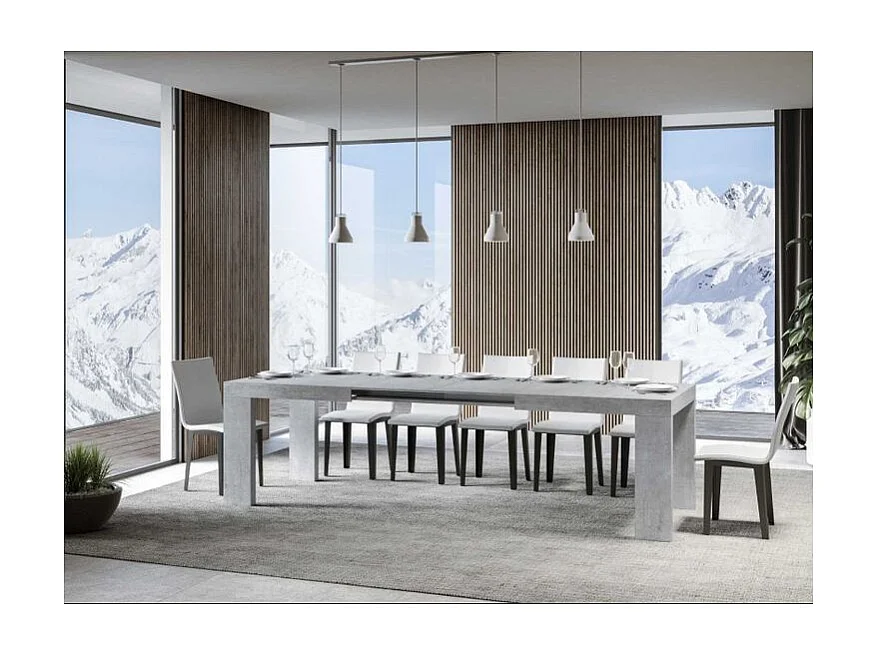 Table à manger extensible bois Ribo-Couleur Gris ciment-4 pieds-5 rallonges fines-180 à 440cm