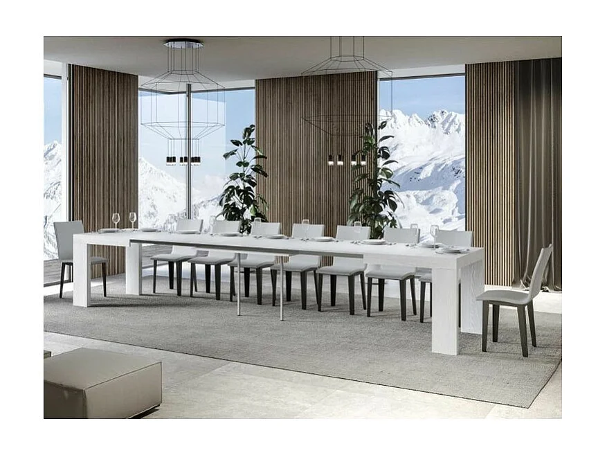 Table à manger extensible bois Ribo-Couleur Blanc-4 pieds-5 rallonges fines-160 à 420cm