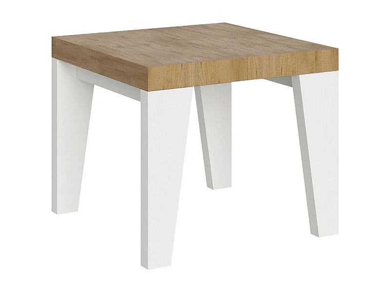 Mesa extensible cuadrada pequeña en madera blanca y roble natural de 90 a 246 cm Nako-Base y soporte con ruedas