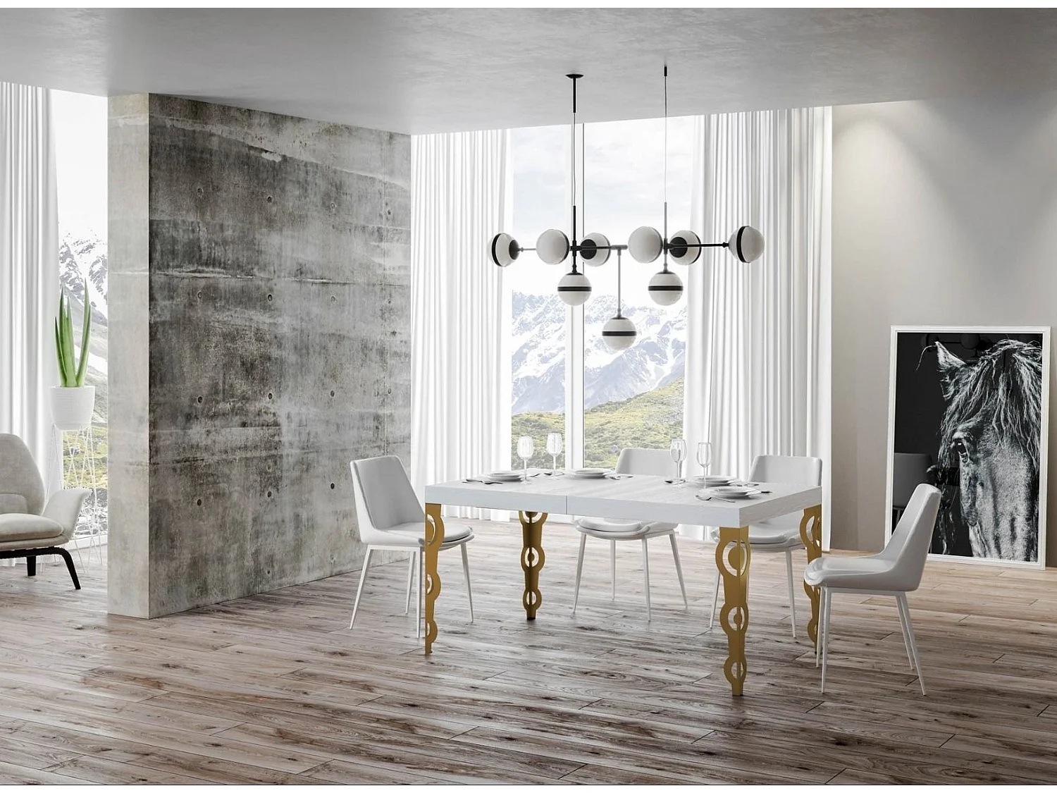 Table rectangulaire extensible orientale 6 à 18 personnes L 130 à 390cm frêne blanc et pieds métal doré Kazay