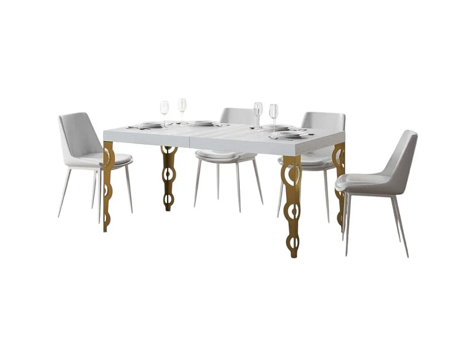 Oosterse uitschuifbare rechthoekige tafel voor 6 tot 18 personen L 130 tot 390 cm witte essen en goudkleurige metalen poten Kazay