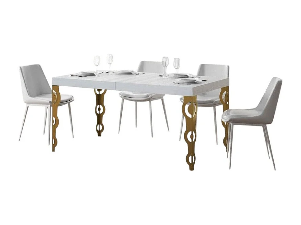 Table rectangulaire extensible orientale 6 à 18 personnes L 130 à 390cm frêne blanc et pieds métal doré Kazay