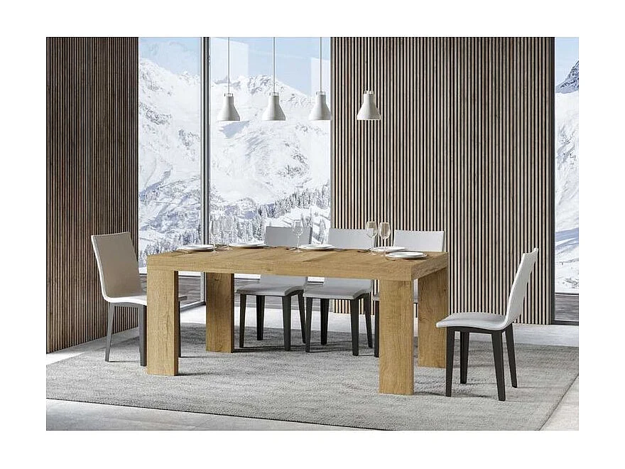 Table à manger extensible bois Ribo-Couleur Naturel-Sur roulettes-2 rallonges fines-160 à 264cm