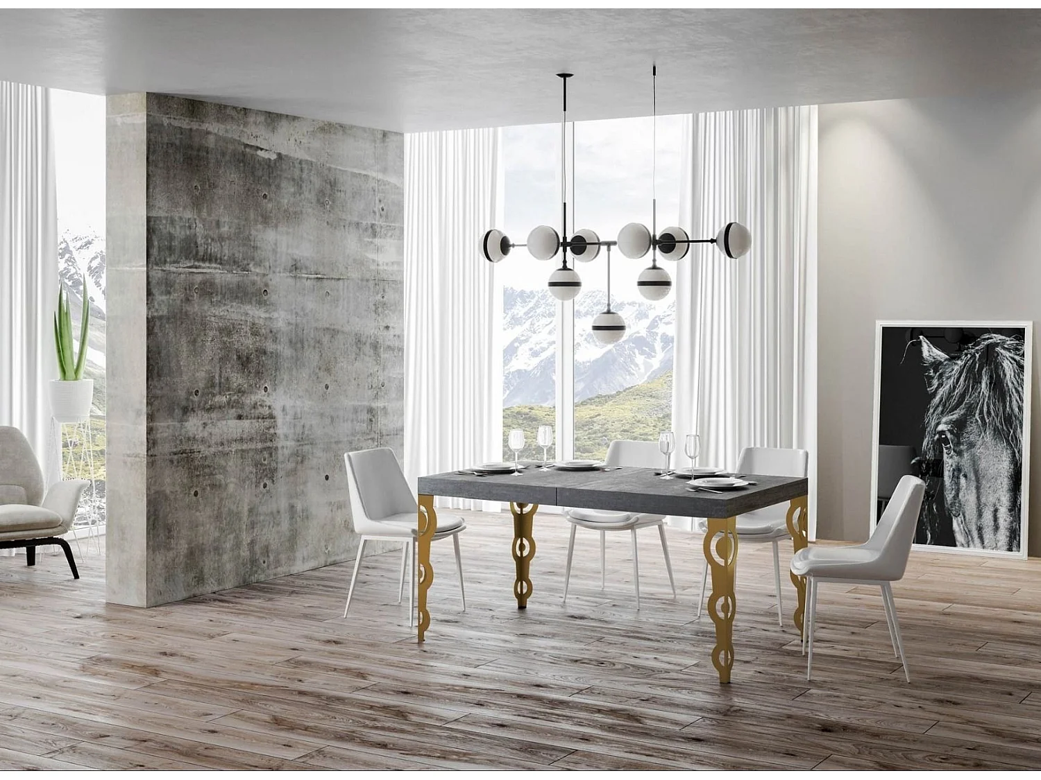 Table rectangulaire extensible orientale 6 à 18 personnes L 130 à 390cm gris béton et pieds métal doré Kazay