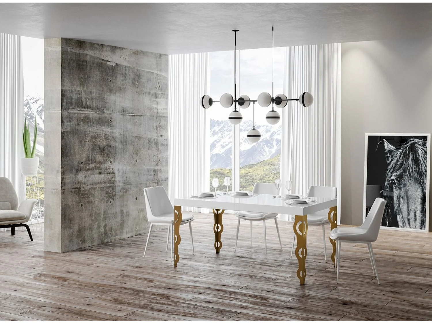 Table rectangulaire extensible orientale 6 à 10 personnes L 130 à 234cm blanc brillant et pieds métal doré Kazay