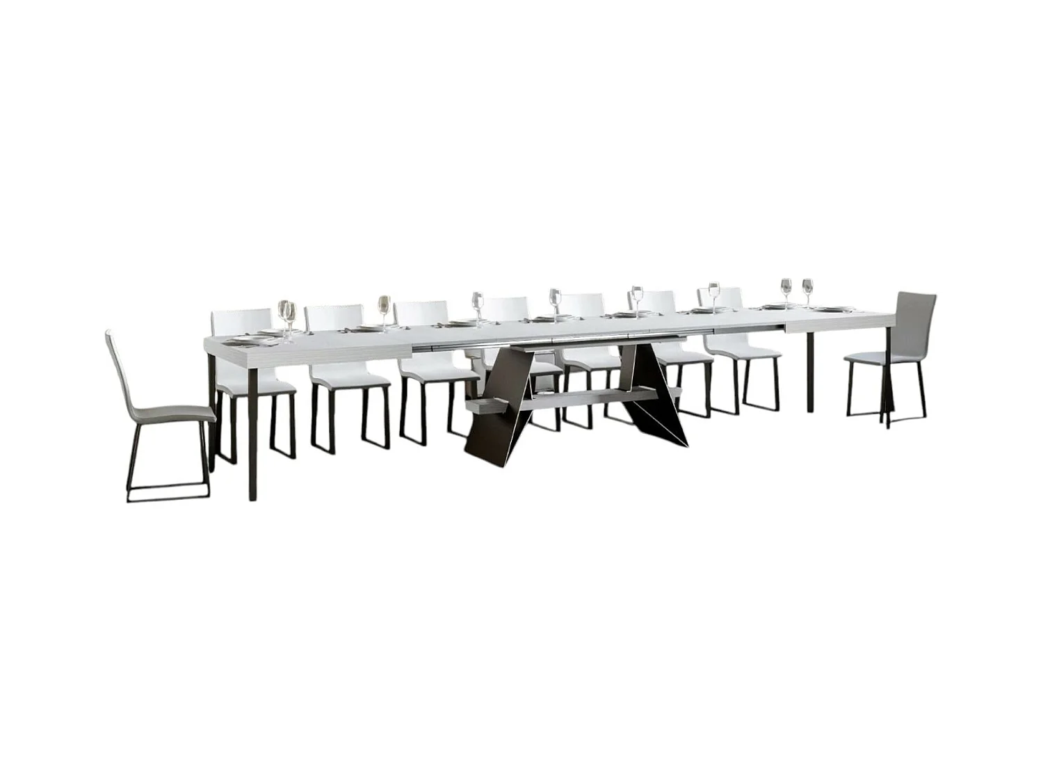 Grande table à rallonges bois blanc et pieds acier gris foncé 8 à 20 places 180 à 440cm Klaro