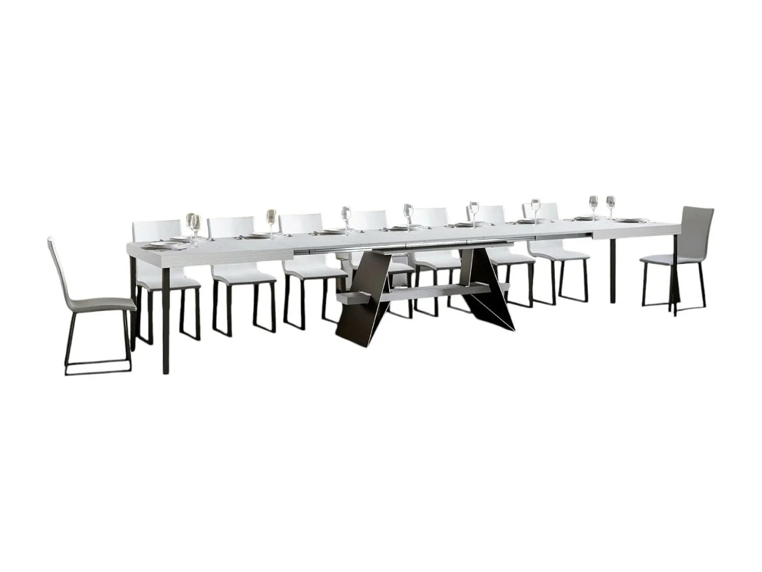 Grande table à rallonges bois blanc et pieds acier gris foncé 8 à 20 places 180 à 440cm Klaro