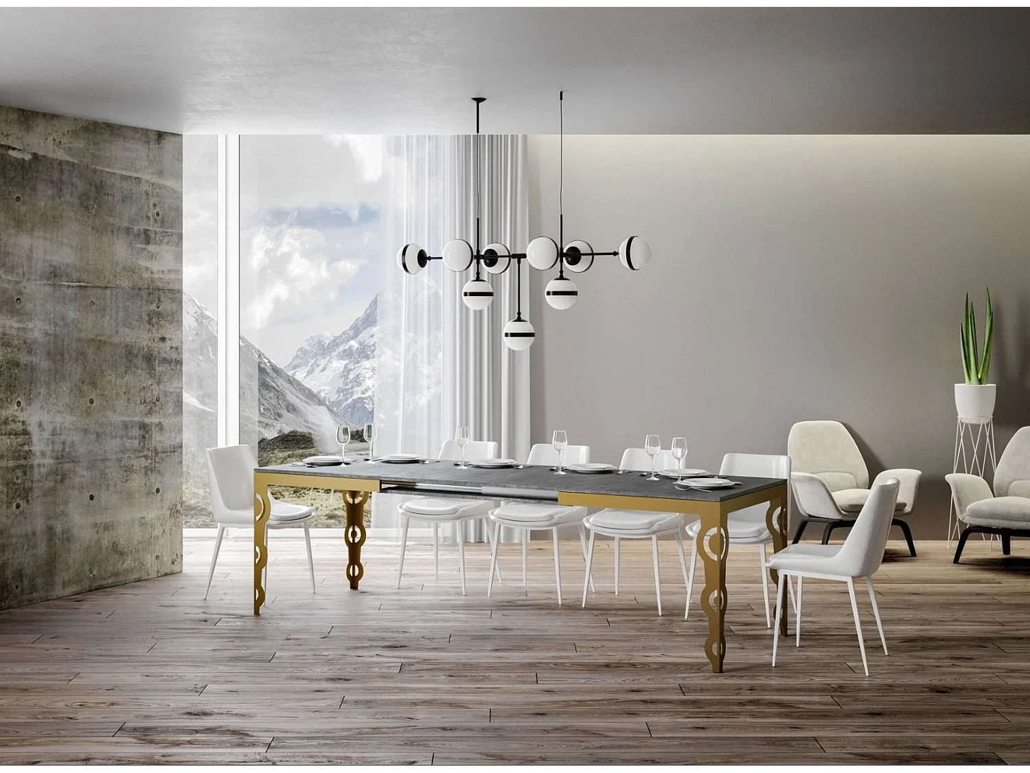 Oosterse uitschuifbare rechthoekige tafel voor 6 tot 20 personen L 180 tot 440 cm betongrijs en goud metalen frame Kazay