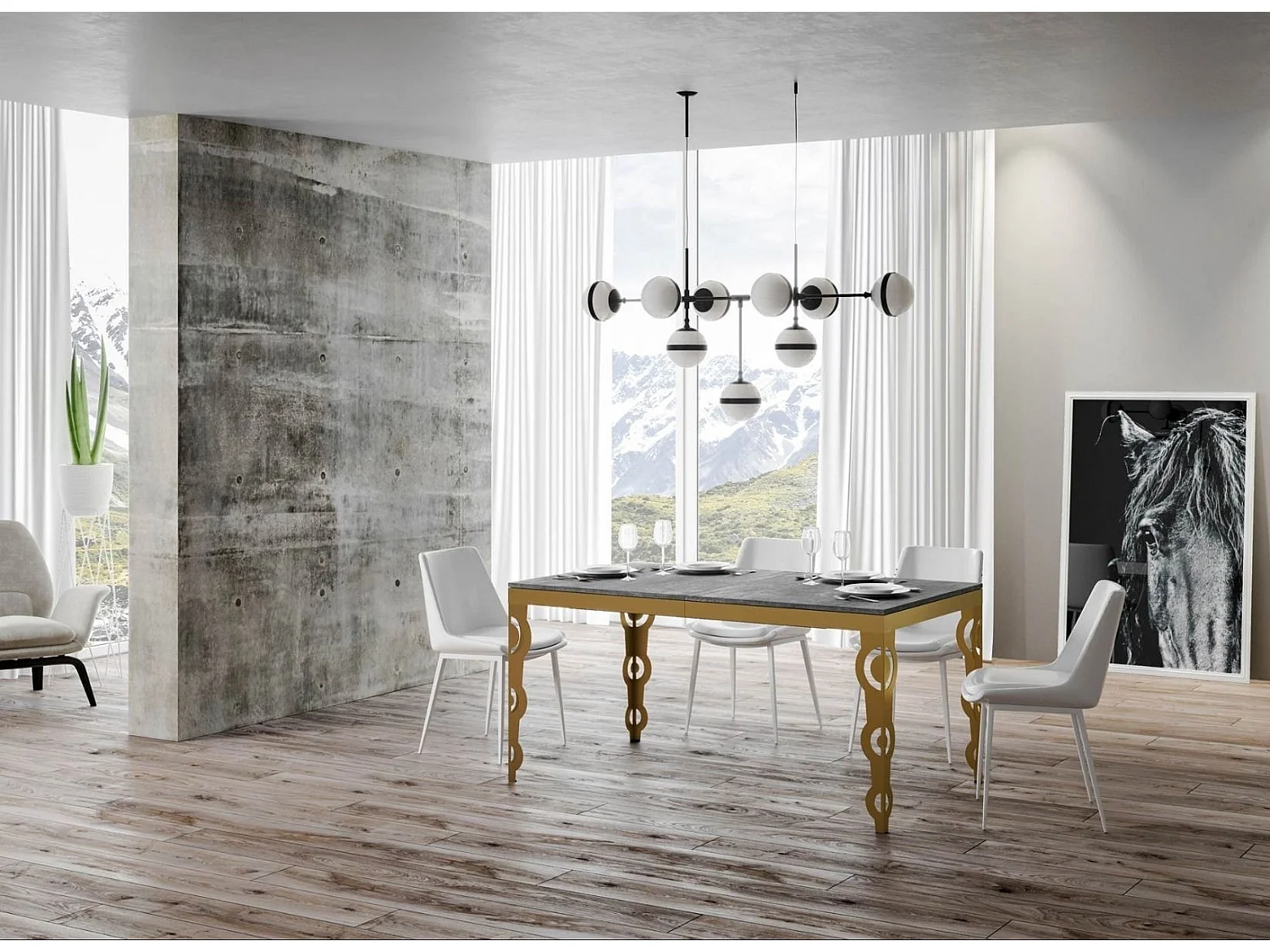 Oosterse uitschuifbare rechthoekige tafel voor 6 tot 20 personen L 180 tot 440 cm betongrijs en goud metalen frame Kazay