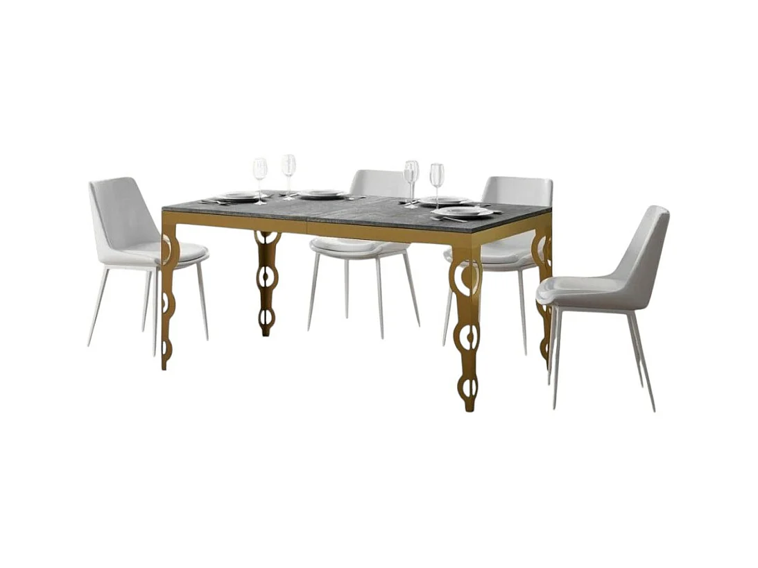 Table rectangulaire extensible orientale 6 à 20 personnes L 180 à 440cm gris béton et cadre métal doré Kazay