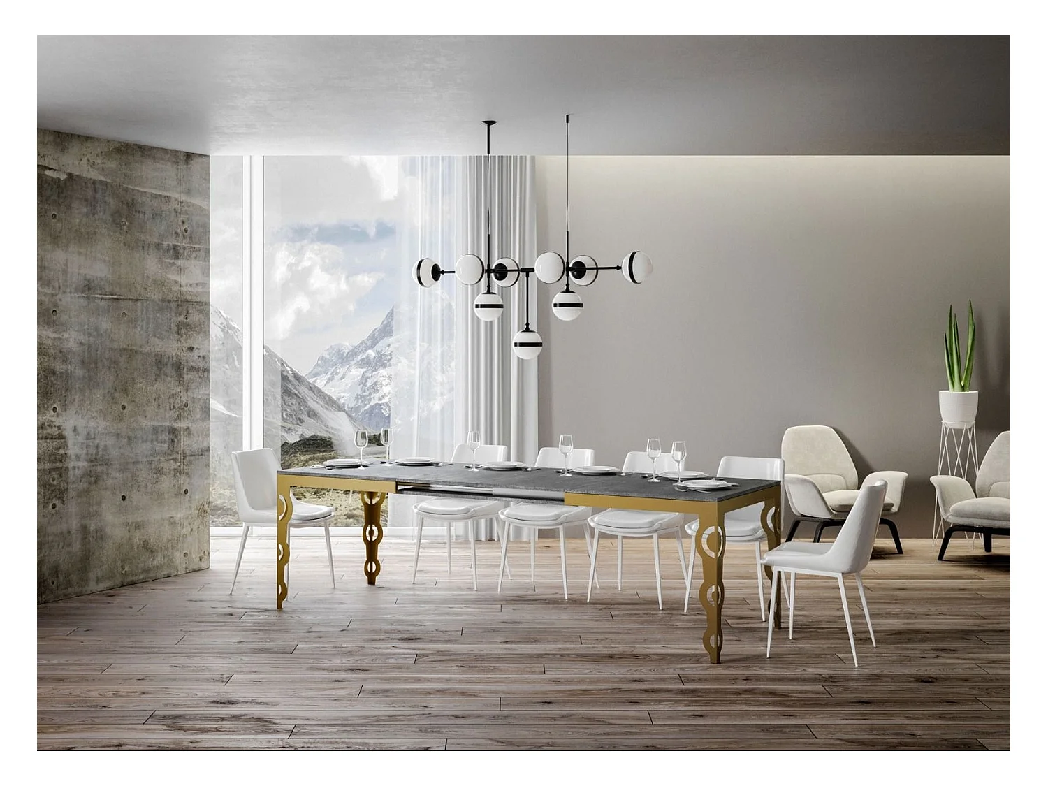 Table rectangulaire extensible orientale 6 à 20 personnes L 180 à 440cm gris béton et cadre métal doré Kazay