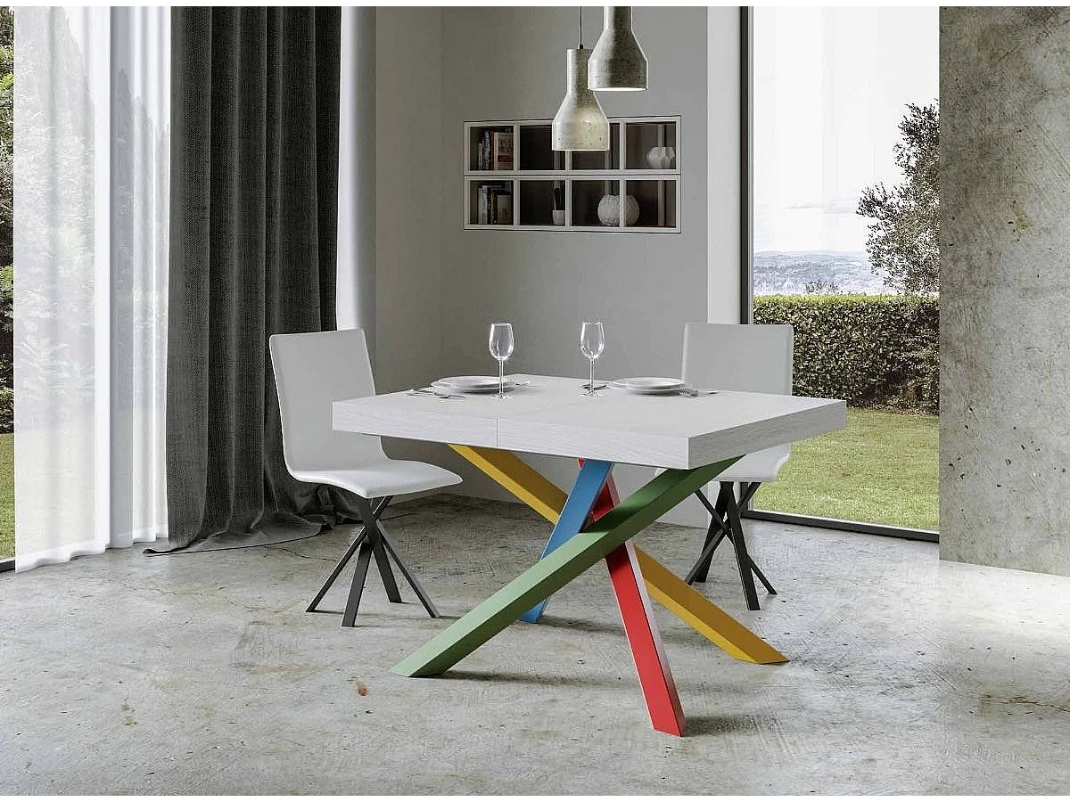 Table extensible design avec pieds entrelacés multicouleurs Artemis-Couleur Blanc-130 à 234cm