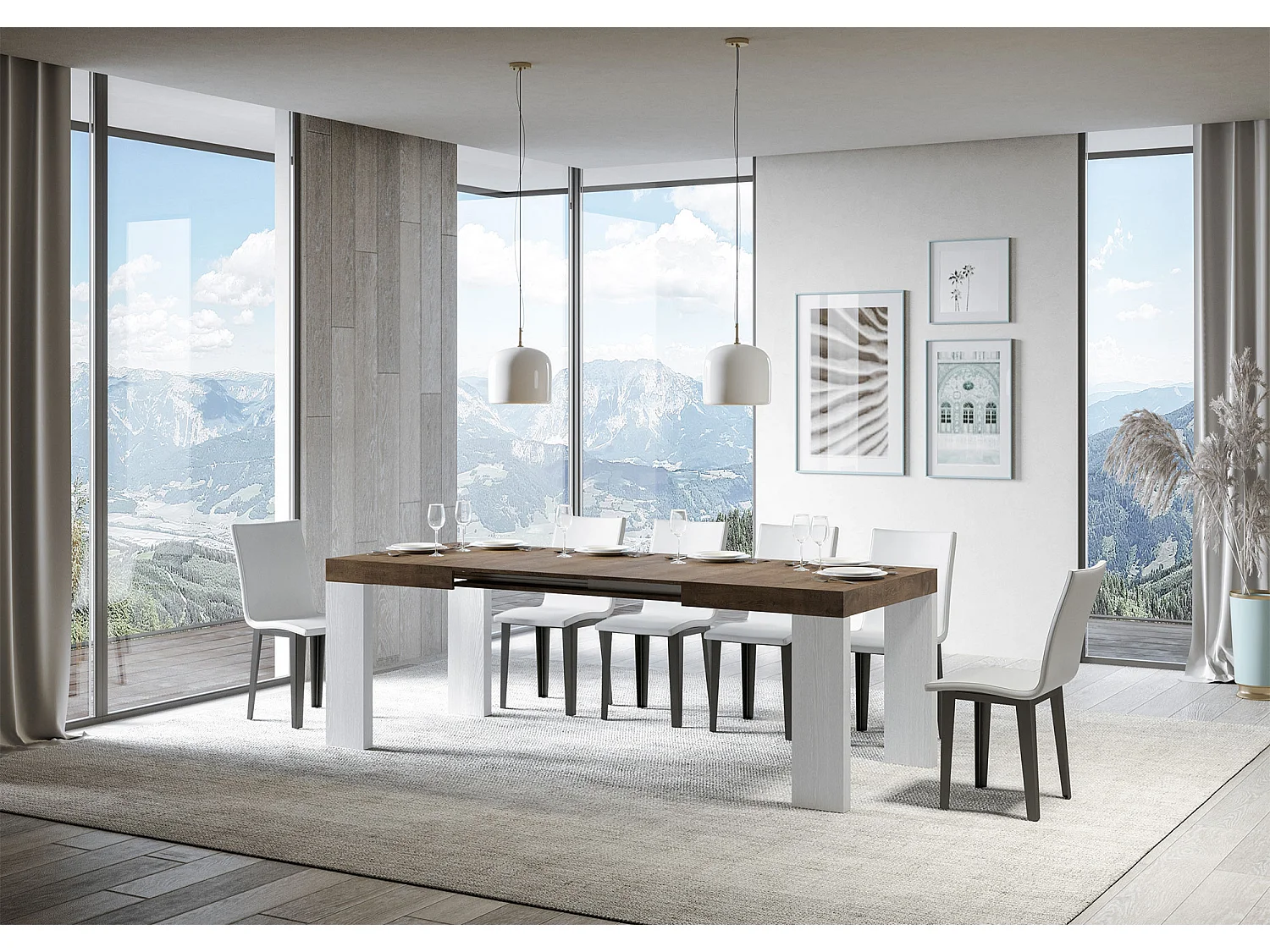 Table rectangulaire extensible blanche et bois noyer 130 à 234cm Ribo-4 pieds